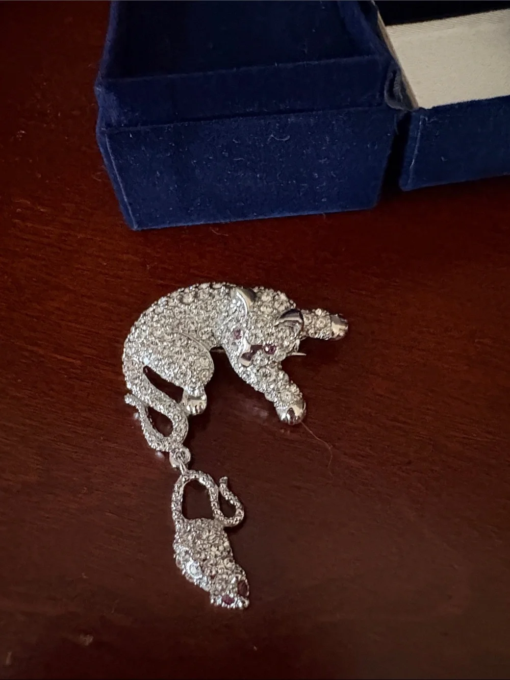 Silver Crystal Cat Brooch with Pink Accent Eyes - Jewelry Accessory